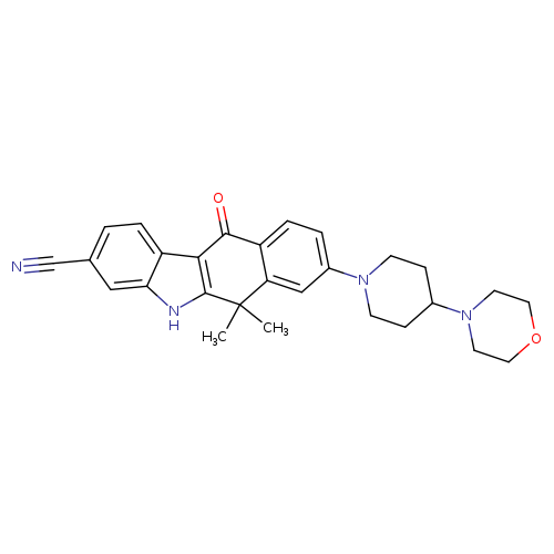 N#Cc1ccc2c(c1)[nH]c1c2C(=O)c2c(C1(C)C)cc(cc2)N1CCC(CC1)N1CCOCC1