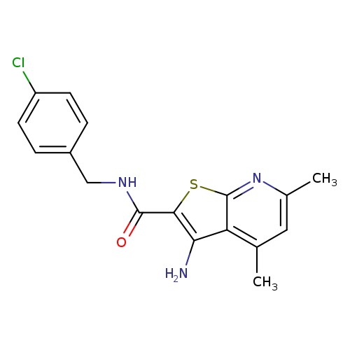 Clc1ccc(cc1)CNC(=O)c1sc2c(c1N)c(C)cc(n2)C