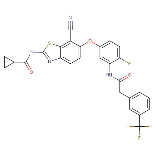 N#Cc1c(ccc2c1sc(n2)NC(=O)C1CC1)Oc1ccc(c(c1)NC(=O)Cc1cccc(c1)C(F)(F)F)F