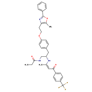 CCC(=O)NC[C@H](Cc1ccc(cc1)OCCc1nc(oc1C)c1ccccc1)N/C(=C\C(=O)c1ccc(cc1)C(F)(F)F)/C