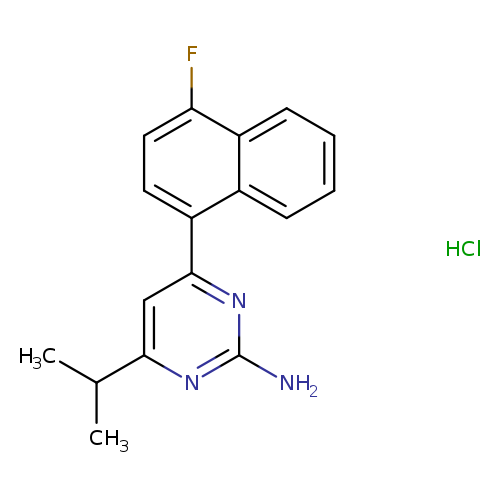 Nc1nc(cc(n1)c1ccc(c2c1cccc2)F)C(C)C.Cl