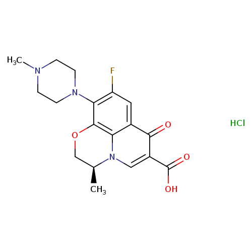 CN1CCN(CC1)c1c(F)cc2c3c1OC[C@@H](n3cc(c2=O)C(=O)O)C.Cl