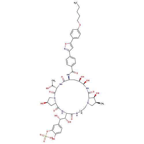 CCCCCOc1ccc(cc1)c1onc(c1)c1ccc(cc1)C(=O)N[C@H]1C[C@@H](O)[C@@H](O)NC(=O)[C@H]2N(C[CH]NC(=O)[C@@H](NC(=O)[C@H]3N(C(=O)[C@@H](NC1=O)[C@H](O)C)C[C@@H](C3)O)[C@@H]([C@H](c1ccc(c(c1)OS(=O)(=O)O)O)O)O)C[C@@H]([C@@H]2O)C