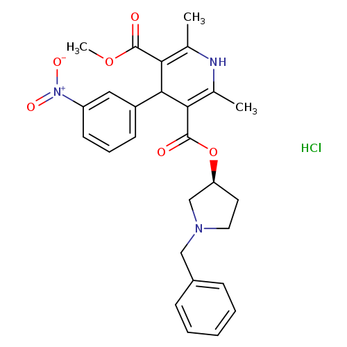 COC(=O)C1=C(C)NC(=C(C1c1cccc(c1)[N+](=O)[O-])C(=O)O[C@H]1CCN(C1)Cc1ccccc1)C.Cl