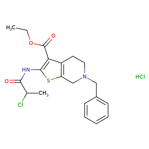 CCOC(=O)c1c(NC(=O)C(Cl)C)sc2c1CCN(C2)Cc1ccccc1.Cl