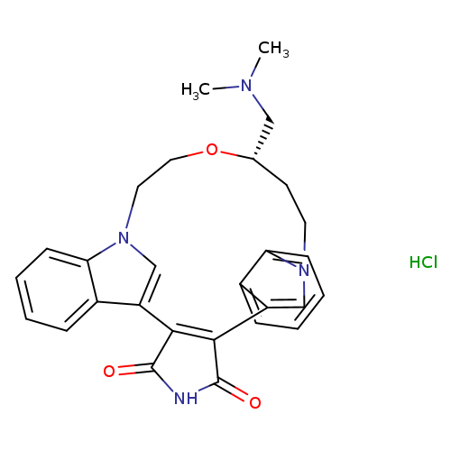 CN(C[C@H]1OCCn2cc(c3c2cccc3)C2=C(c3cn(CC1)c1ccccc31)C(=O)NC2=O)C.Cl