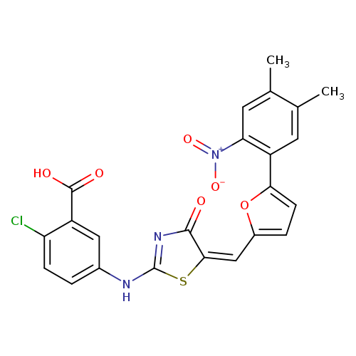 O=C1N=C(S/C/1=C/c1ccc(o1)c1cc(C)c(cc1[N+](=O)[O-])C)Nc1ccc(c(c1)C(=O)O)Cl