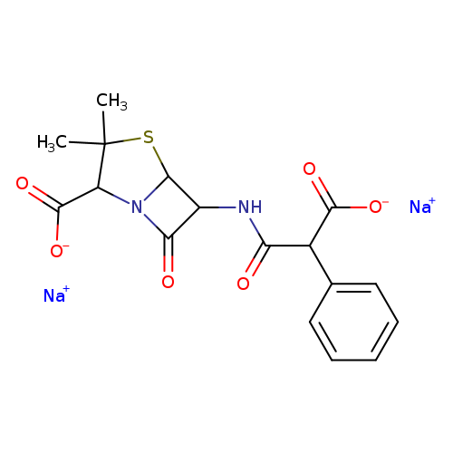 O=C(C(c1ccccc1)C(=O)[O-])NC1C(=O)N2C1SC(C2C(=O)[O-])(C)C.[Na+].[Na+]