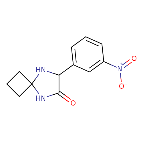 O=C1NC2(NC1c1cccc(c1)[N+](=O)[O-])CCC2
