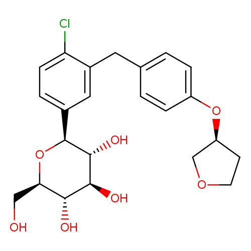 OC[C@H]1O[C@@H](c2ccc(c(c2)Cc2ccc(cc2)O[C@@H]2COCC2)Cl)[C@@H]([C@H]([C@@H]1O)O)O