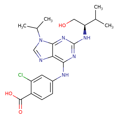 OC[C@@H](C(C)C)Nc1nc(Nc2ccc(c(c2)Cl)C(=O)O)c2c(n1)n(cn2)C(C)C