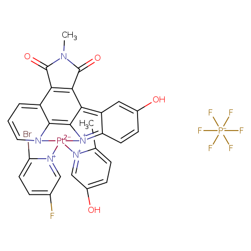 F[P-](F)(F)(F)(F)F.Oc1ccc2c(c1)c1c3c(=O)n(c(=O)c3c3c4c1[n+]2[Pt-2]([n+]1cc(O)ccc1C)([n+]1cc(F)ccc1Br)n4ccc3)C