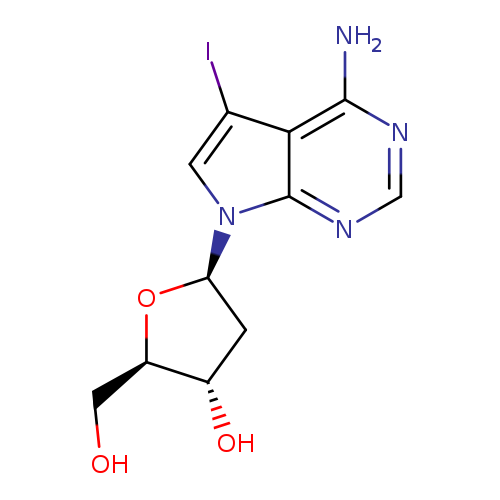 OC[C@H]1O[C@H](C[C@@H]1O)n1cc(c2c1ncnc2N)I