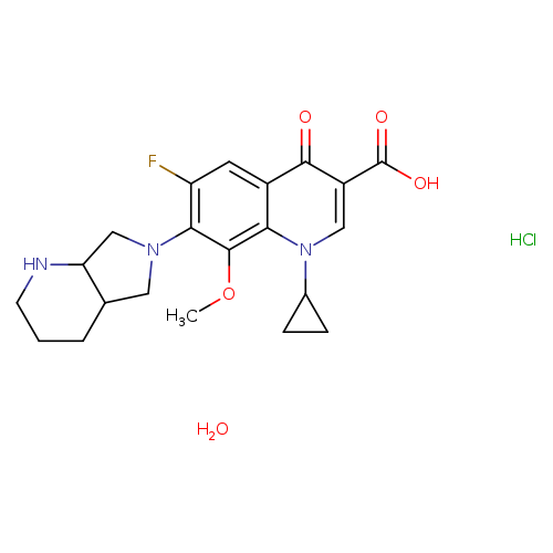 COc1c(N2CC3C(C2)CCCN3)c(F)cc2c1n(cc(c2=O)C(=O)O)C1CC1.O.Cl