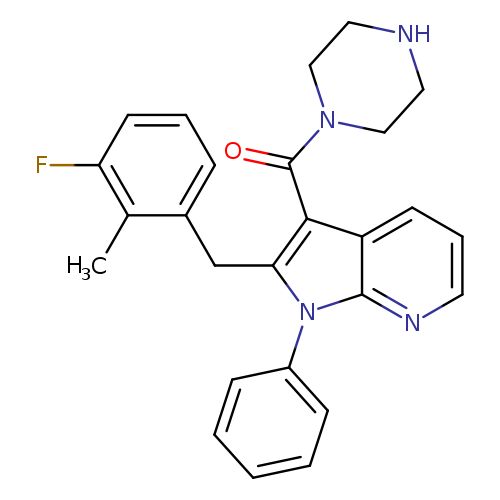 Cc1c(F)cccc1Cc1n(c2ccccc2)c2c(c1C(=O)N1CCNCC1)cccn2