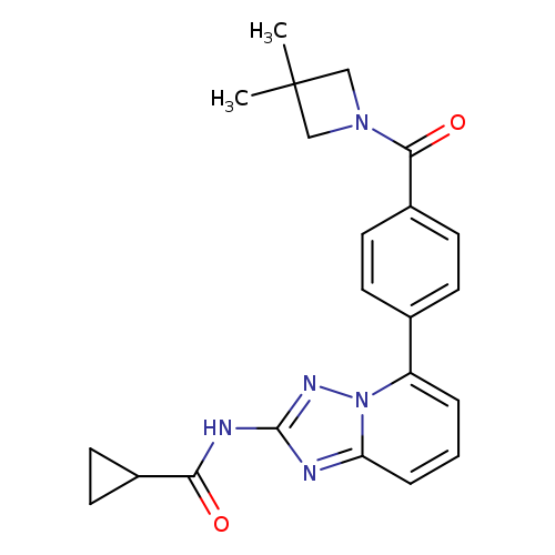 O=C(C1CC1)Nc1nn2c(n1)cccc2c1ccc(cc1)C(=O)N1CC(C1)(C)C