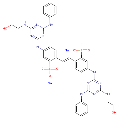OCCNc1nc(nc(n1)Nc1ccccc1)Nc1ccc(c(c1)S(=O)(=O)[O-])/C=C/c1ccc(cc1S(=O)(=O)[O-])Nc1nc(NCCO)nc(n1)Nc1ccccc1.[Na+].[Na+]