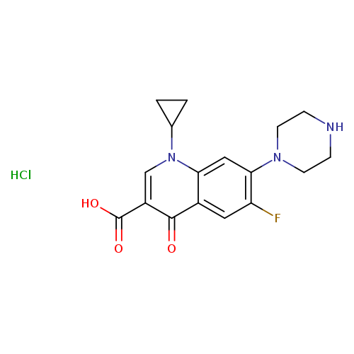 Fc1cc2c(cc1N1CCNCC1)n(cc(c2=O)C(=O)O)C1CC1.Cl