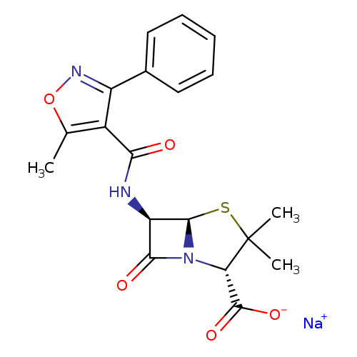 [O-]C(=O)[C@@H]1N2C(=O)[C@H]([C@H]2SC1(C)C)NC(=O)c1c(C)onc1c1ccccc1.[Na+]