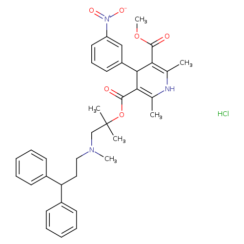 COC(=O)C1=C(C)NC(=C(C1c1cccc(c1)[N+](=O)[O-])C(=O)OC(CN(CCC(c1ccccc1)c1ccccc1)C)(C)C)C.Cl