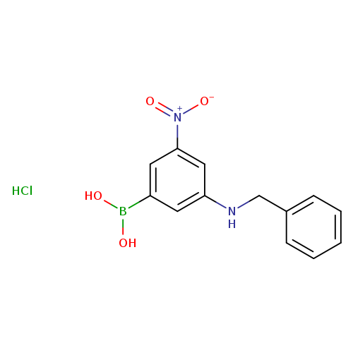 OB(c1cc(NCc2ccccc2)cc(c1)[N+](=O)[O-])O.Cl