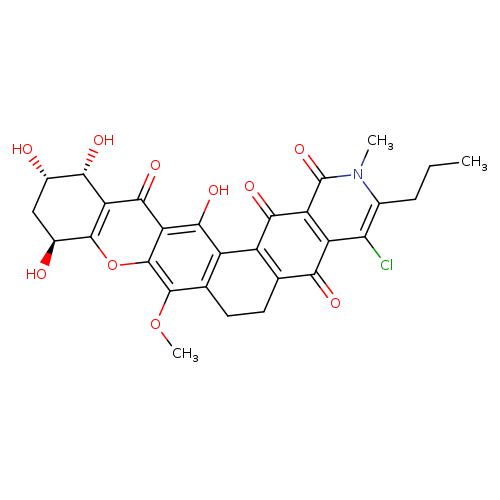 CCCc1c(Cl)c2C(=O)C3=C(C(=O)c2c(=O)n1C)c1c(CC3)c(OC)c2c(c1O)c(=O)c1c(o2)[C@@H](O)C[C@@H]([C@@H]1O)O