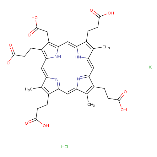 OC(=O)CCC1=C(C)C2=NC1=Cc1[nH]c(c(c1C)CCC(=O)O)C=c1[nH]c(=CC3=NC(=C2)C(=C3C)CCC(=O)O)c(c1CC(=O)O)CCC(=O)O.Cl.Cl