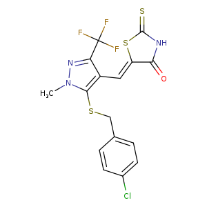 S=C1NC(=O)/C(=C/c2c(SCc3ccc(cc3)Cl)n(nc2C(F)(F)F)C)/S1