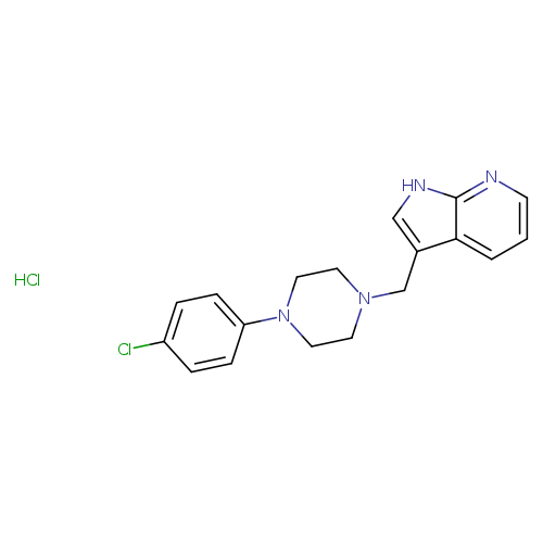 Clc1ccc(cc1)N1CCN(CC1)Cc1c[nH]c2c1cccn2.Cl