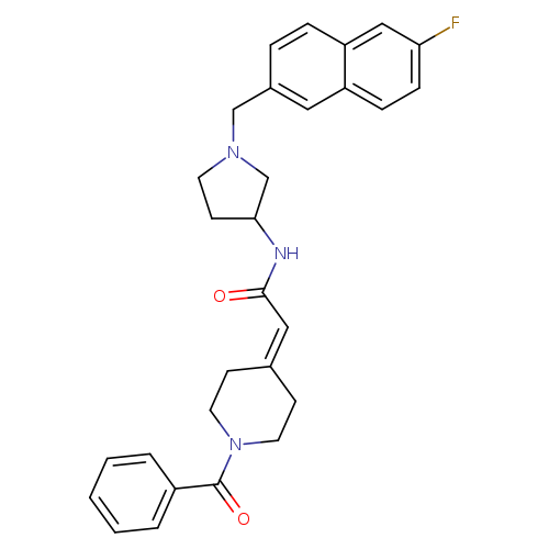 O=C(C=C1CCN(CC1)C(=O)c1ccccc1)NC1CCN(C1)Cc1ccc2c(c1)ccc(c2)F