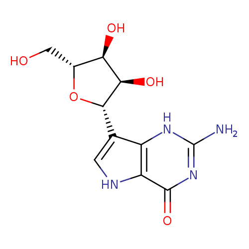 OC[C@H]1O[C@H]([C@@H]([C@@H]1O)O)c1c[nH]c2c1[nH]c(N)nc2=O