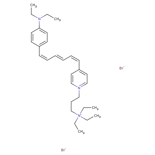 CCN(c1ccc(cc1)/C=CC=CC=C/c1cc[n+](cc1)CCC[N+](CC)(CC)CC)CC.[Br-].[Br-]