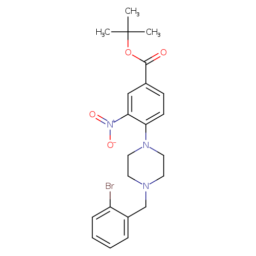 [O-][N+](=O)c1cc(ccc1N1CCN(CC1)Cc1ccccc1Br)C(=O)OC(C)(C)C