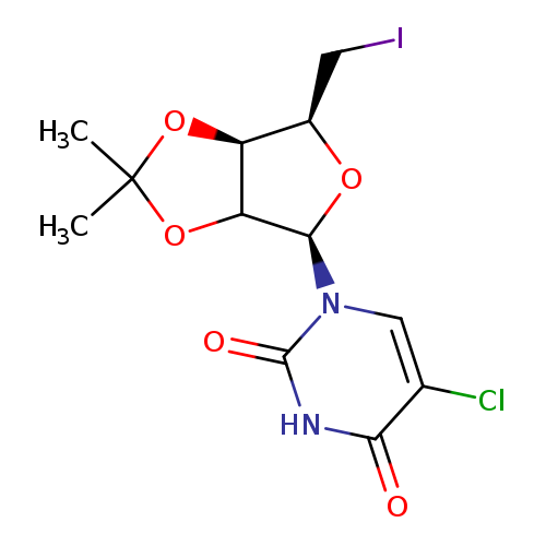 IC[C@H]1O[C@H](C2[C@H]1OC(O2)(C)C)n1cc(Cl)c(=O)[nH]c1=O