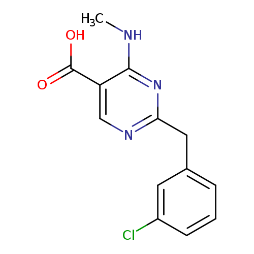 CNc1nc(ncc1C(=O)O)Cc1cccc(c1)Cl