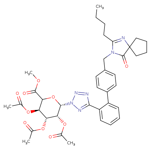 CCCCC1=NC2(C(=O)N1Cc1ccc(cc1)c1ccccc1c1nnn(n1)[C@H]1OC(C(=O)OC)[C@@H]([C@H]([C@H]1OC(=O)C)OC(=O)C)OC(=O)C)CCCC2