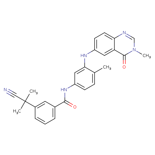 N#CC(c1cccc(c1)C(=O)Nc1ccc(c(c1)Nc1ccc2c(c1)c(=O)n(cn2)C)C)(C)C