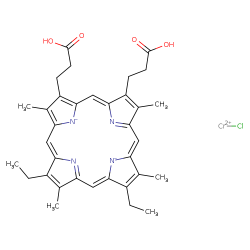 CCC1=C(C)C2=NC1=Cc1[n-]c(c(c1C)CCC(=O)O)C=C1N=C(C=c3[n-]c(=C2)c(CC)c3C)C(=C1CCC(=O)O)C.Cl[Cr+2]
