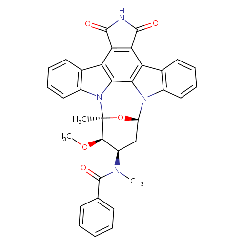 CO[C@@H]1[C@@H](C[C@H]2O[C@]1(C)n1c3ccccc3c3c1c1n2c2ccccc2c1c1c3c(=O)[nH]c1=O)N(C(=O)c1ccccc1)C