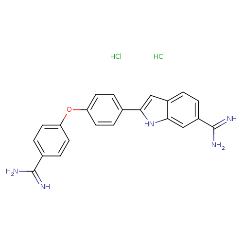 NC(=N)c1ccc(cc1)Oc1ccc(cc1)c1cc2c([nH]1)cc(cc2)C(=N)N.Cl.Cl