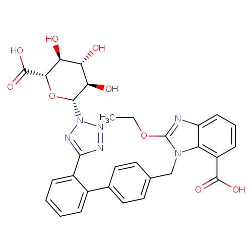 CCOc1nc2c(n1Cc1ccc(cc1)c1ccccc1c1nnn(n1)[C@@H]1O[C@H](C(=O)O)[C@H]([C@@H]([C@H]1O)O)O)c(ccc2)C(=O)O