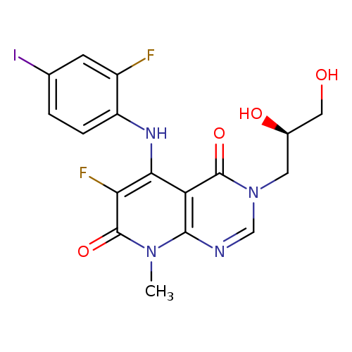 OC[C@@H](Cn1cnc2c(c1=O)c(Nc1ccc(cc1F)I)c(c(=O)n2C)F)O