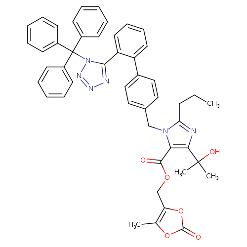 CCCc1nc(c(n1Cc1ccc(cc1)c1ccccc1c1nnnn1C(c1ccccc1)(c1ccccc1)c1ccccc1)C(=O)OCc1oc(=O)oc1C)C(O)(C)C