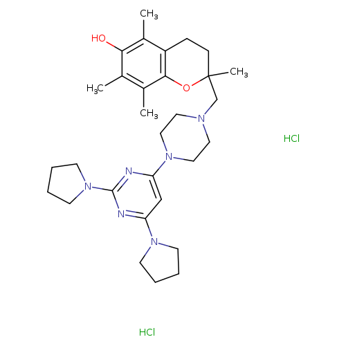 Cc1c(C)c2OC(C)(CCc2c(c1O)C)CN1CCN(CC1)c1cc(nc(n1)N1CCCC1)N1CCCC1.Cl.Cl