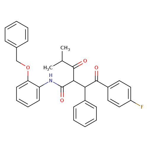 O=C(C(C(C(=O)c1ccc(cc1)F)c1ccccc1)C(=O)C(C)C)Nc1ccccc1OCc1ccccc1