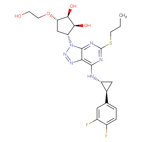 CCCSc1nc(N[C@@H]2C[C@H]2c2ccc(c(c2)F)F)c2c(n1)n(nn2)[C@@H]1C[C@@H]([C@H]([C@H]1O)O)OCCO