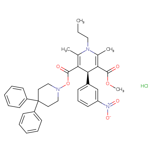 CCCN1C(=C(C(=O)ON2CCC(CC2)(c2ccccc2)c2ccccc2)[C@@H](C(=C1C)C(=O)OC)c1cccc(c1)[N+](=O)[O-])C.Cl