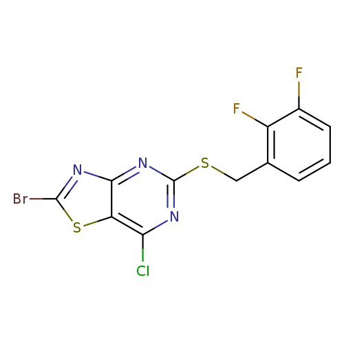 Brc1sc2c(n1)nc(nc2Cl)SCc1cccc(c1F)F