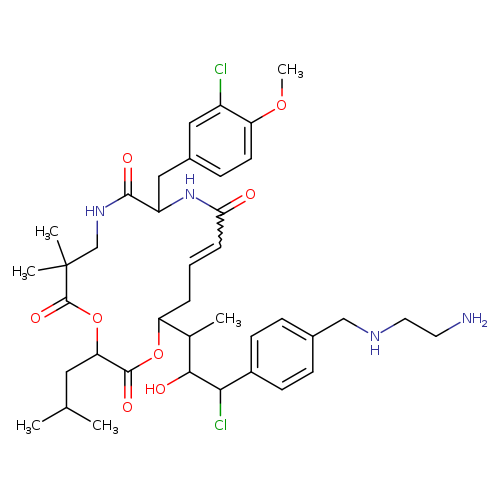 NCCNCc1ccc(cc1)C(C(C(C1CC=CC(=O)NC(Cc2ccc(c(c2)Cl)OC)C(=O)NCC(C(=O)OC(C(=O)O1)CC(C)C)(C)C)C)O)Cl