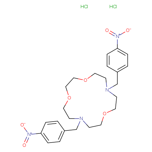 [O-][N+](=O)c1ccc(cc1)CN1CCOCCN(CCOCCOCC1)Cc1ccc(cc1)[N+](=O)[O-].Cl.Cl